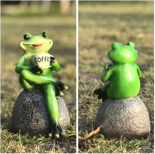 Groda Staty för Trädgård, Drickande Kaffe Grön Groda Figur för