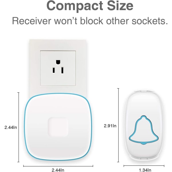 Trådløs Dørklokke, (Hvid) Vandafvisende Dørklokke, Nem Installation, Op