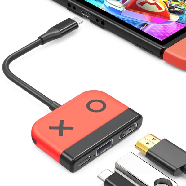 (Rød) Switch Dock til Nintendo Switch OLED, 3-i-1 TV-adapter med