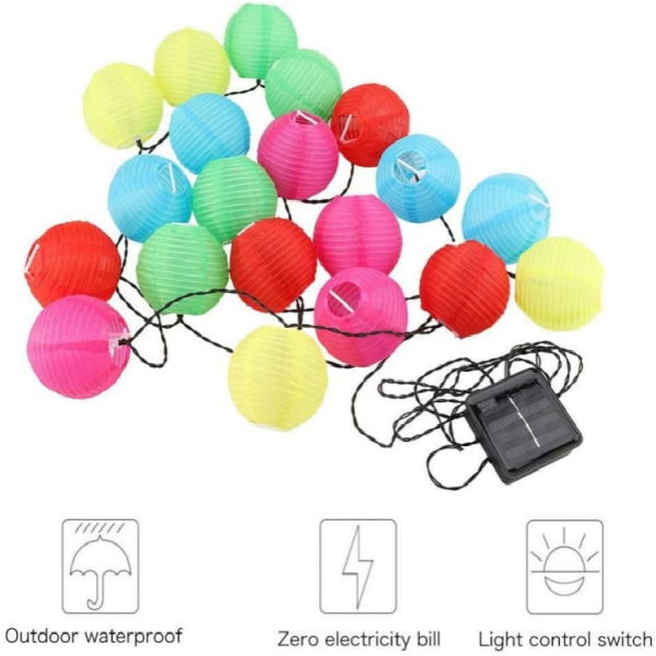 Udendørs solcellelyskæde, 5M/20 LED-lanterner 8 tilstande vandtæt solbelysning til have, balkon, gård, bryllup, festdekoration (farverig)