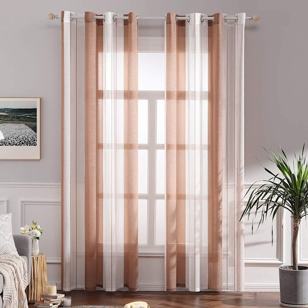 Sæt med 2 dekorative 140x225cm hvide+brune transparente gardiner trykt