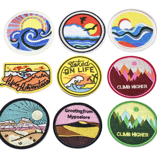 9 pak runde broderede patches, dekorative