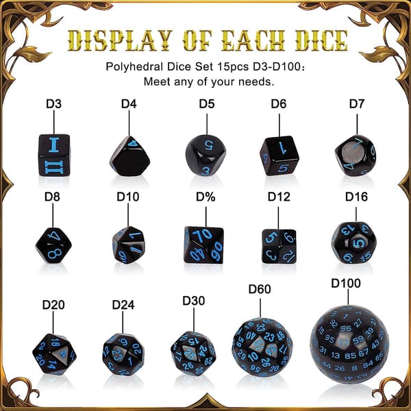Tärningssats, rollspelstärningar, polyhedral tärningssats med 15 tärningar D3-D100