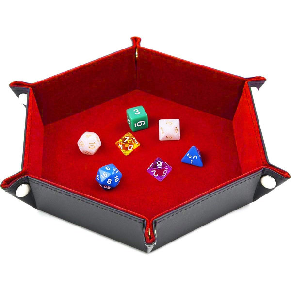 Tärningsbricka i läder (Burgundy), hopfällbar hexagon PU-läder och himmelsblå sammets tärningshållare för Dungeons and Dragons RPG D&D tärningsspel och andra brädspel