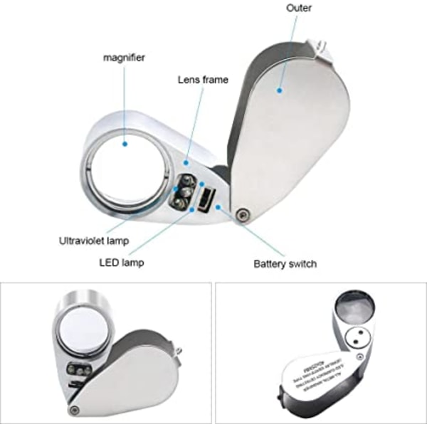40X hopfällbar förstoringsglas, helmetallupplyst smyckeslupp, portabl