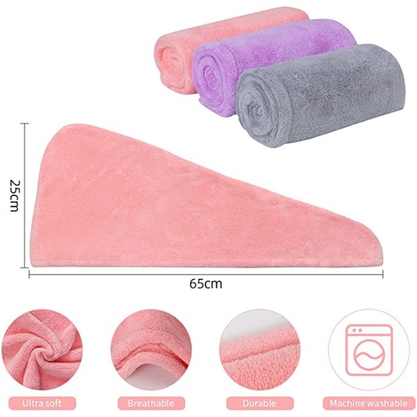 (rosa, blå, grå) Hårhåndkle, 3 stk hårtørkehåndklær, Super Abso