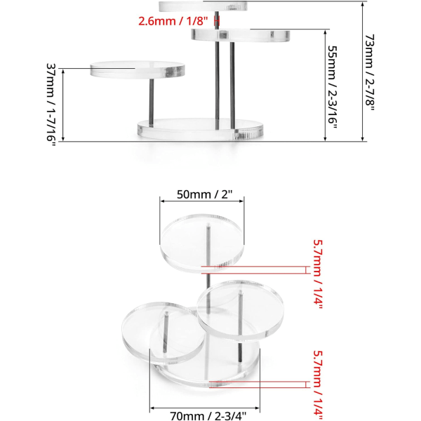 2-delt mini akryl displaystativ, 3-lags transparent rund, egnet for ringer, øreringer, armbånd, mini statuer