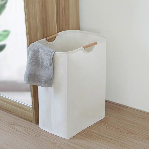 Beige Vasketøjskurv 39×53×27 cm, Stor Kapacitet Sammenklappelig Vasketøjskurv Oxford Stof med Træhåndtag, Vasketøjskurv til Soveværelse Stue Børneværelse Badeværelse og Rejser