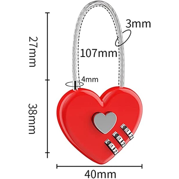 2-pak hjerte-hængelås-wire - rød, 3-cifret kombinationslås M