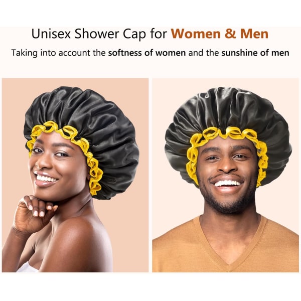 (Black) Large Black Shower Cap for Men Women with Long Thick Brai