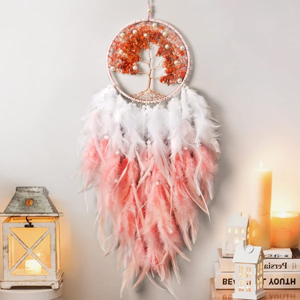 Håndlaget Crystal Bohemian Tree of Life Dreamcatcher Feather