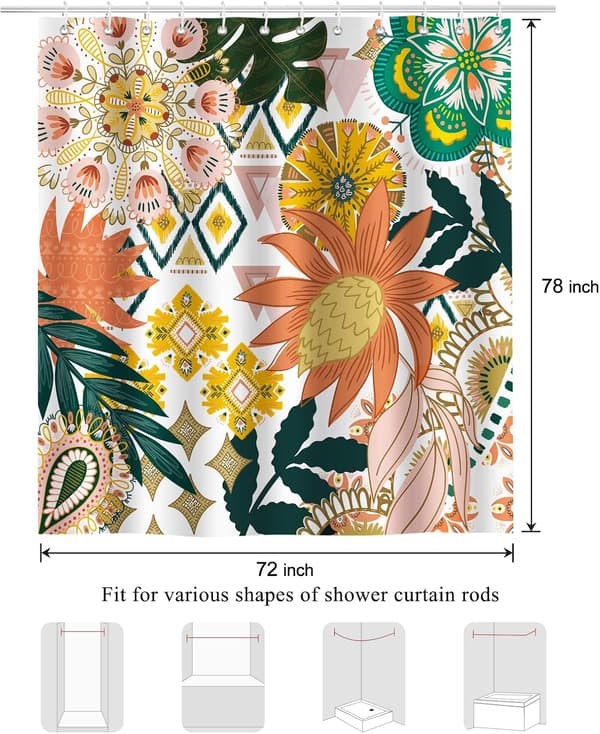 Bohemisk Duschdraperi Blommor Blad 180 x 200 cm Badgardin