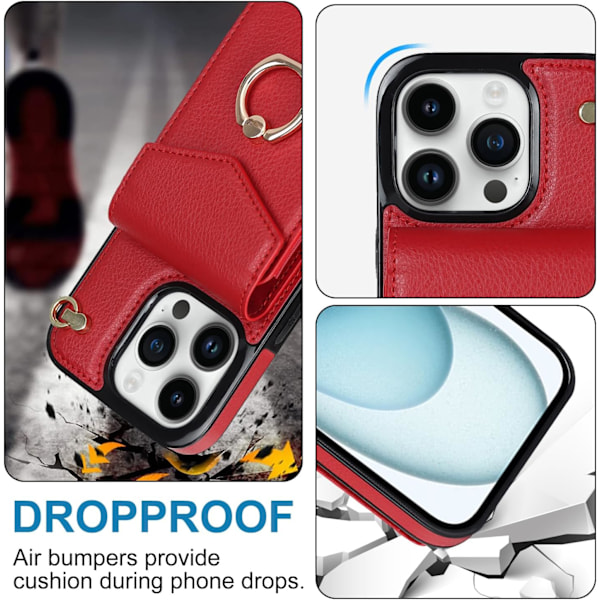 Kompatibelt iPhone 15 Pro Max Cover 6.7 tommer, minimalistisk wallet cover med ringstøtte og skulderrem - Rød