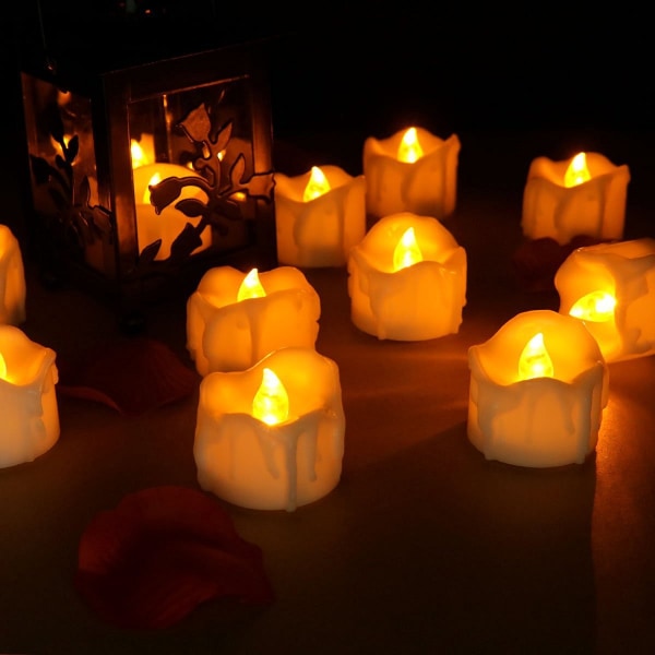 12 kappaletta LED-kynttilää (keltainen valo), liekittömät tealight-kynttilät