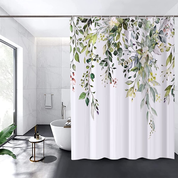 Blomster bruseforhæng med 12 kroge, vandtæt polysilicium bruseforhæng, maskinvaskbar, hurtig tørring, 180x180cm til badekar eller badeværelse (grøn)