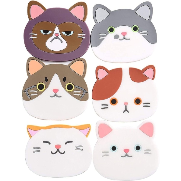 6 stk Cute Cat Cup Coaster Matte Silikongummioverflate for Wi