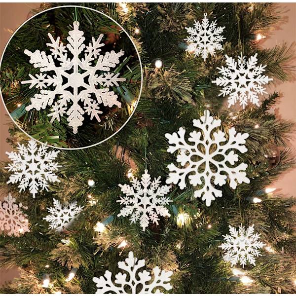 36 stk. Hvide snefnug julepynt i plastik med glitter