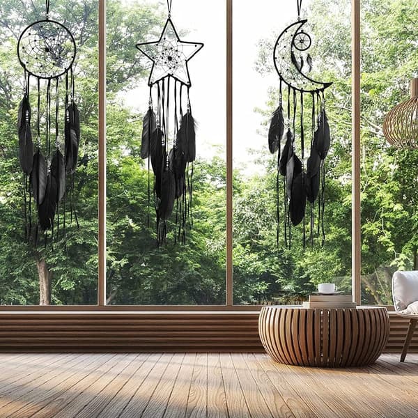 Svart - Håndlaget drømmefangersett med 3 håndlagde Boho-drømmefangere