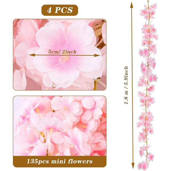 Pink - 4 Pakke 6ft Kunstig Kirsebær Blomsterguirlande Hjem Hængende