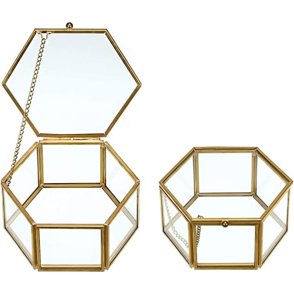 Bevarad blomma glaslåda, hexagon glas smycken dekorativ låda