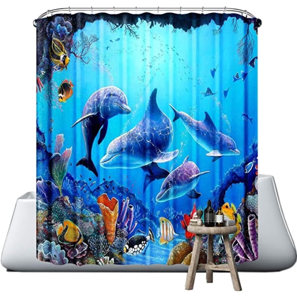 Blått dusjforheng (Ocean Dolphin, 180 x 180 cm), maskinvask