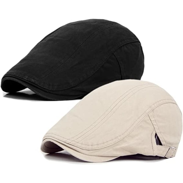 2 Pack Newsboy beige/Black Hats for Men Flat Cap Cotton Adjustab