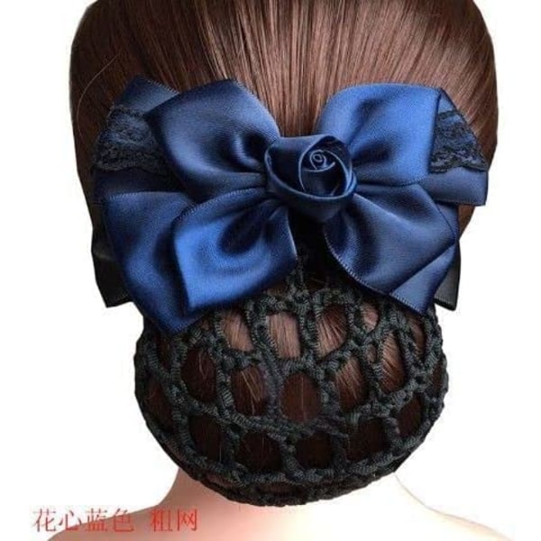Naisten hiuspuikkoverkko, jossa on satiininen rusetti ja ranskalainen hiusklipsi sininen