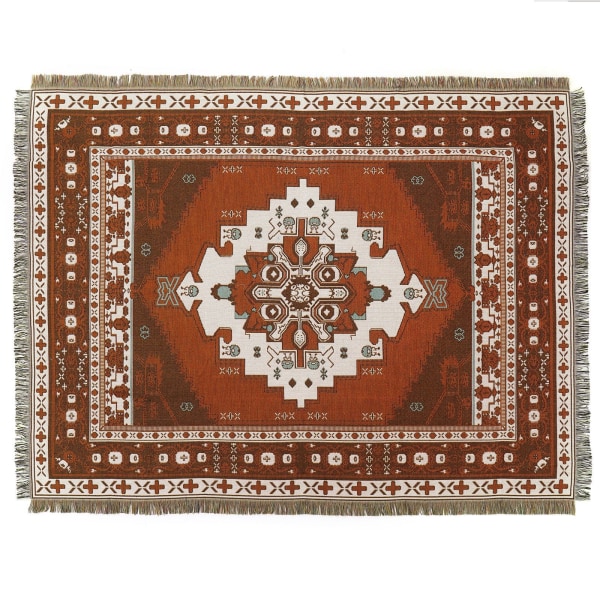 1 stk. 160x130cm strikket brunt ternetæppe dekoreret med frynser