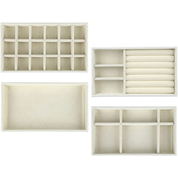 Smykkebrett Organizer Sett med 4 Smykkeskuff Organizer Brett Øre Ring Halskjede Armbånd Display Stativ Utstillingsvindu Smykkeoppbevaringsbrett, 4 Stil (Beige)