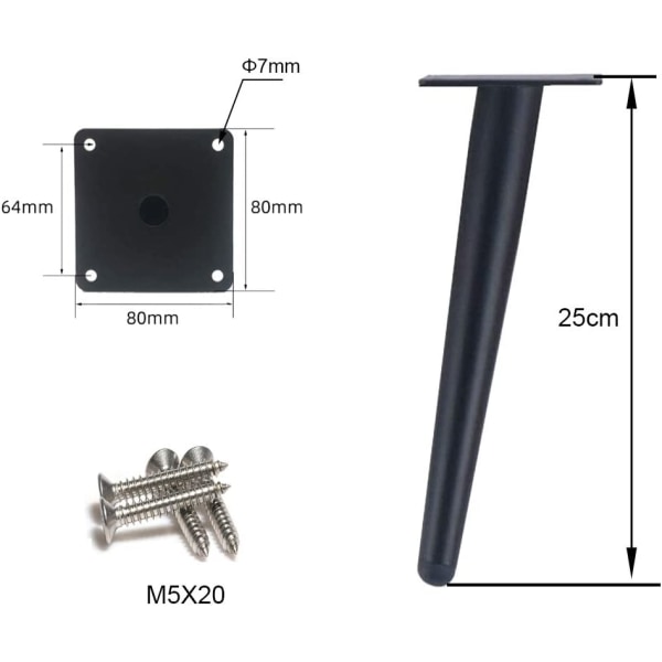 4 stk. skrå bordben i metall, kjegleformede møbelben L
