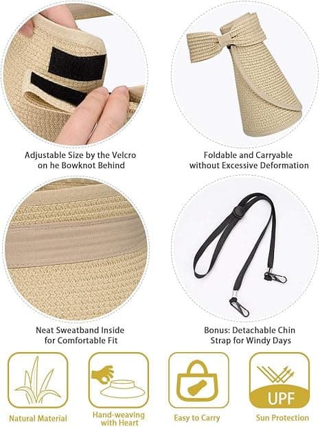 Visor Halm Strand Solhatt Bred Bremm for Kvinner UPF 50+ Sommer