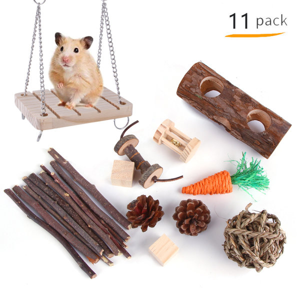 11 stykker træ hamster tyggetøj sæt små dyr bidere