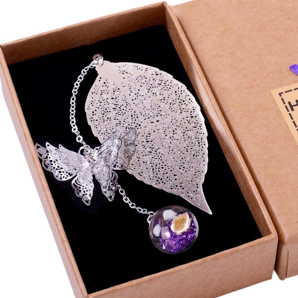 Bokmärken med 3D Butterfly Pendant Silver Leaf Purple Ball - Pe