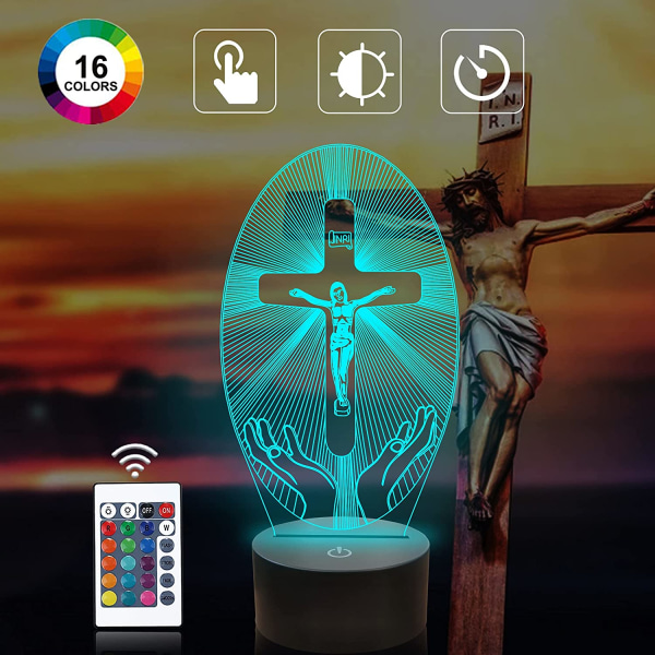 Cross 3D Night Light, Jesus Illusion Hologram Lamp 16 Color Chan