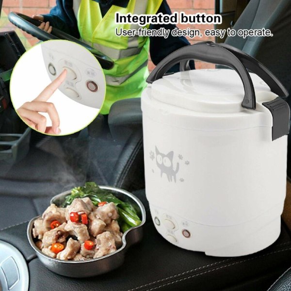 Mini riskoger, 12V 100W 1L elektrisk dampskib, bærbar rejsedamper lille, alt-i-én multikogerpotte vandtæt non-stick hold varm funktion (hvid)