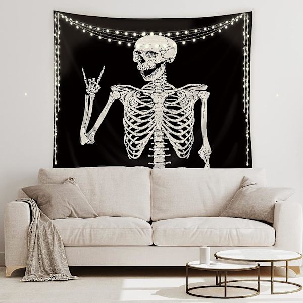 Kranietæppe Vægophæng 51Hx59W Tommer Sjovt Sort og Hvidt Skelet Tema Hjemmeindretning til Mænd Kvinder Gotisk Hippie Halloween Boheme Terror Rock and Roll Soveværelse Stue Sovesal