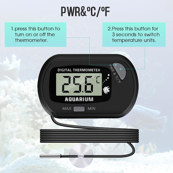 Digital LCD-akvarie-termometer med sugekopper og vanntett sonde for akvarium, fisketank, vivarium, reptilterrarium (3PCS)