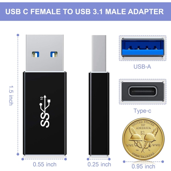 USB C hun til USB 3.0 han-adapter 2-pakke, Type-A 3,1 5 Gbps GEN
