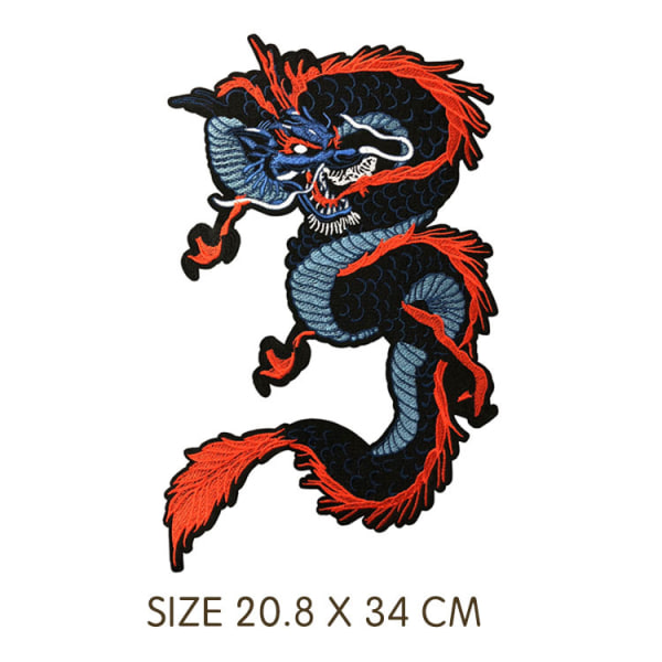 Ett stort tygstycke med röda och blåa drakbildklistermärken