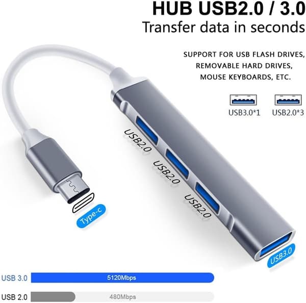 USB 3.0 Hubi, 4 Porttia, Type-C Laite - Harmaa