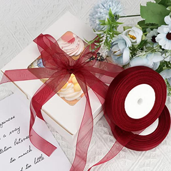 2 rullar organza band (rött band), transparent chiffong band