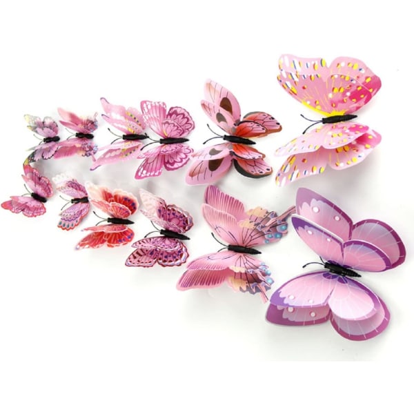 Blandet av 24 STK 3D Pink Butterfly Wall Stickers Dekor Art Decorat