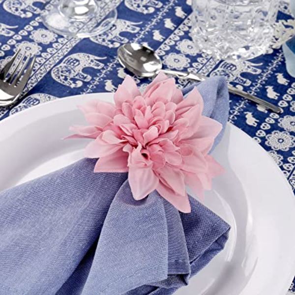 Handgjorda blomservett-ringar, set om 6, konstgjorda rosa dahlia-servett-ringar
