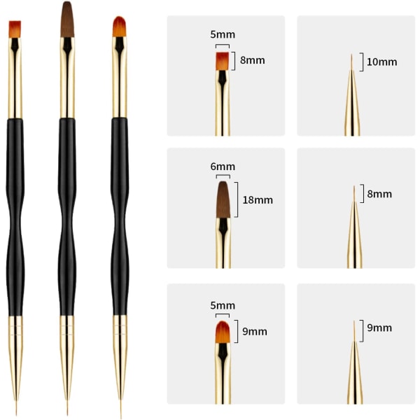 3-delt neglebørste sæt, UV-gelbørste og neglekunstbørste, maleri tegnebørste, negleværktøj