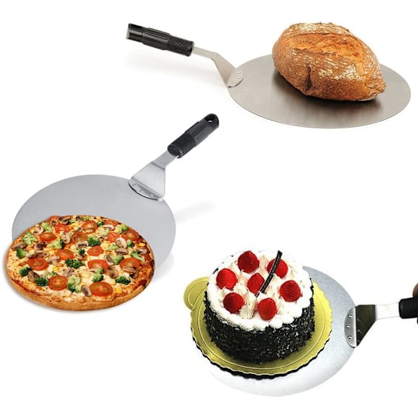 Runde pizzaspader i rustfrit stål med skridsikkert håndtag, ideel til