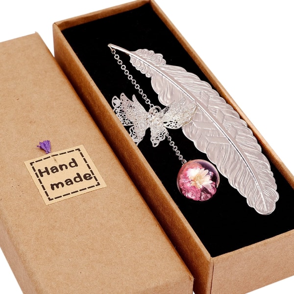 Bokmärken med 3D Butterfly Pendel Silver Feather Rosa Vit Fl