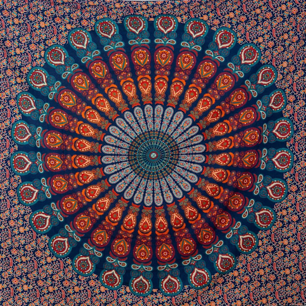 200*150cm Sininen-punainen Mandala-seinävaate - Luonnonvalkoinen - Puuvilla, Iso, V