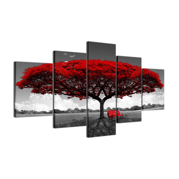 5-delt vægmaleri - stort rødt træ, non-woven lærred dekorat