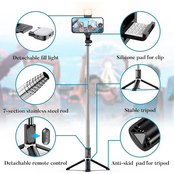 Sort - 1 stk. Selfie Lightening Tripod Bluetooth Selfie Stick Lang