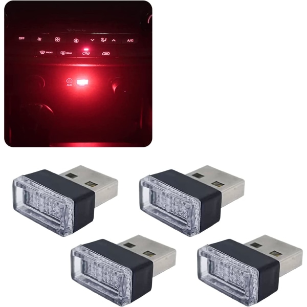 4 STK Rød USB-LED Bil Interiør Atmosfære Lampe, Night Led Decora
